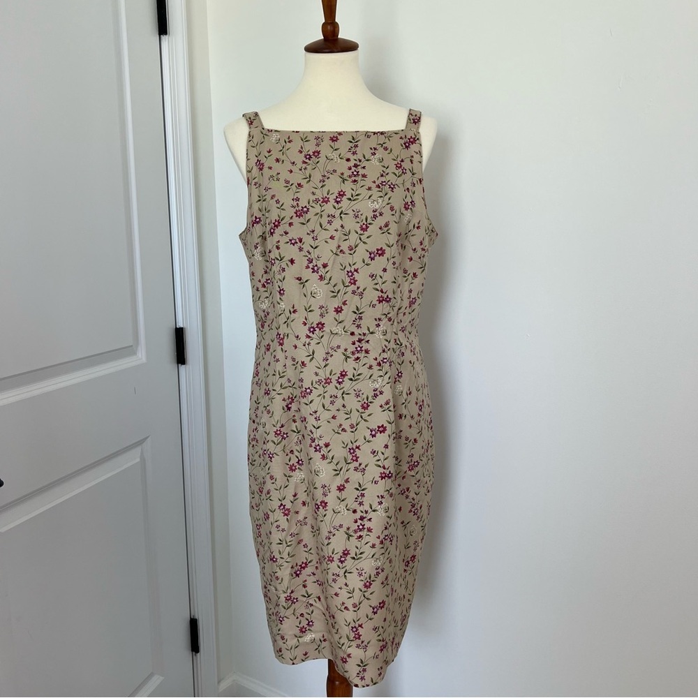 Vintage Ann Taylor Silk Floral Shift Dress Size 14 90s Beige Square Neck